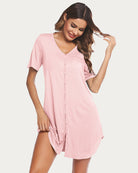 V-neck button-down night shirt, pink with front buttons