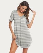 Grey striped night shirt with V-neck, short sleeves, and button-front placket.
