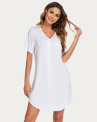 V-neck button-down night shirt, white with front button placket