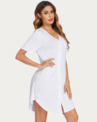 White short-sleeve V-neck nightshirt with button front and side slit hem