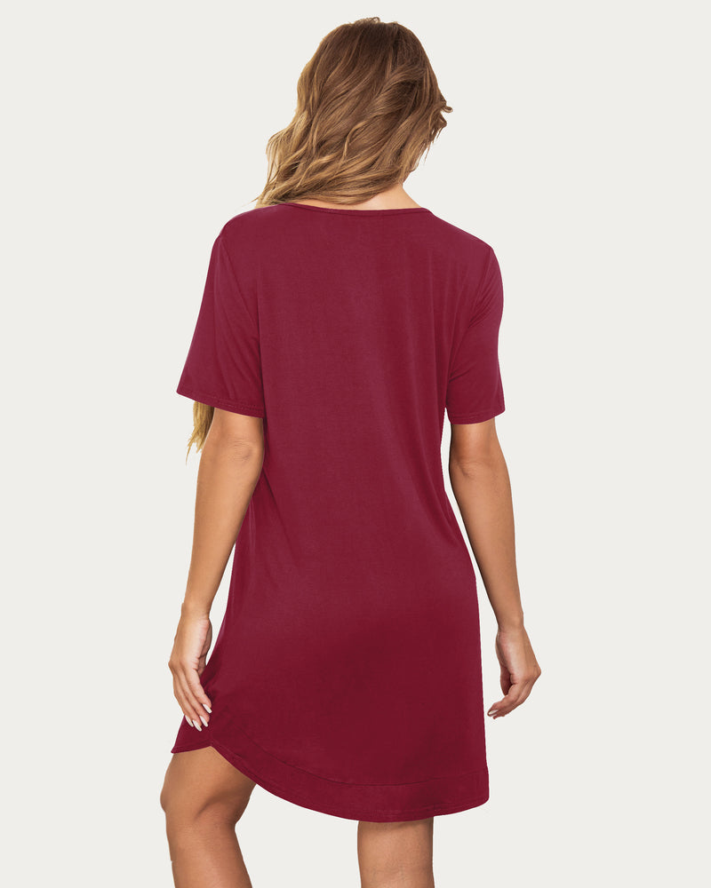 Burgundy v-neck button-down short-sleeve night shirt, back view