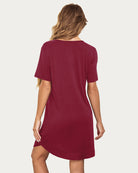Women’s short-sleeve V-neck nightshirt, wine red, scoop back with central button seam