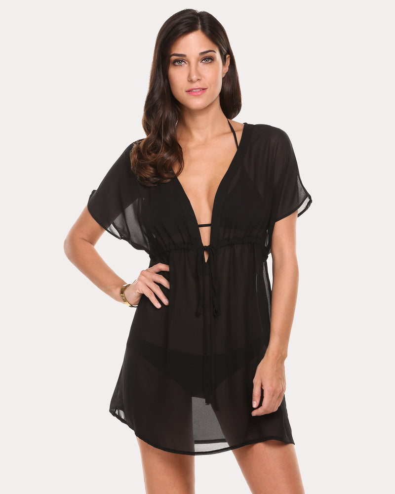Black chiffon kimono coverup with V-neck, tie waist, short flutter sleeves, sheer mini