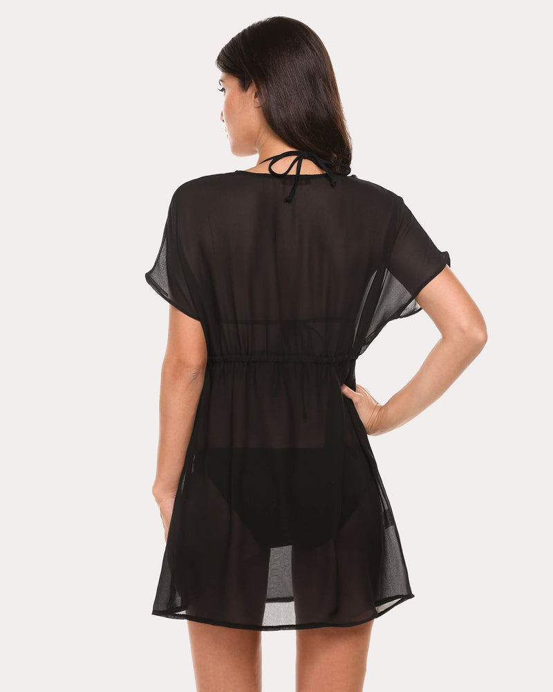 Black chiffon kimono coverup back view with tie waist and short flutter sleeves, sheer mini