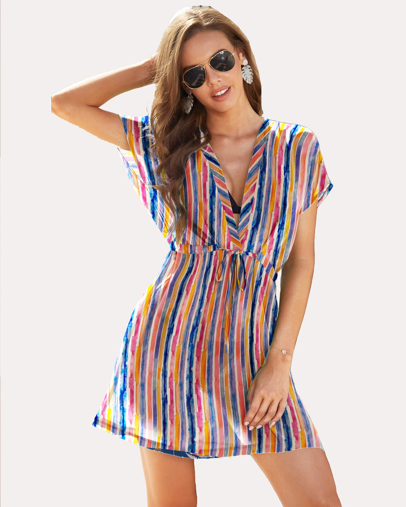 Sheer chiffon striped swimsuit, multicolor vertical stripes, V-neck and drawstring waist