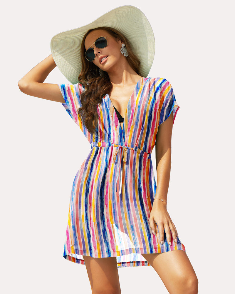 Sheer chiffon striped swimsuit, rainbow vertical stripes, V-neck and tied waist