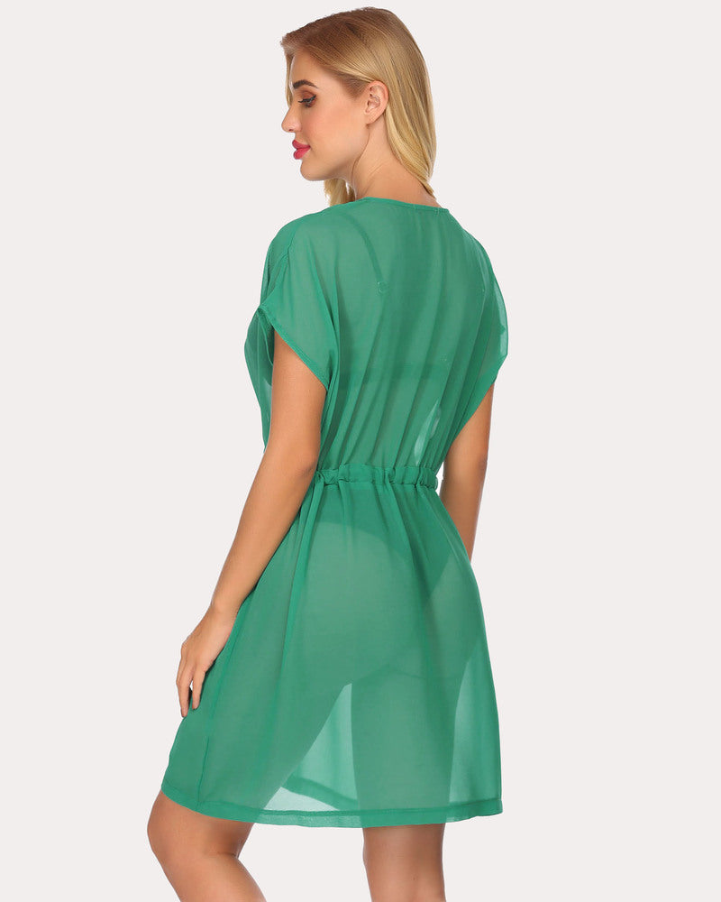 Green chiffon kimono coverup back view with tie waist and short flutter sleeves, sheer mini