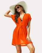 Orange sheer chiffon swimsuit with V-neck and tie waist, short flutter sleeves