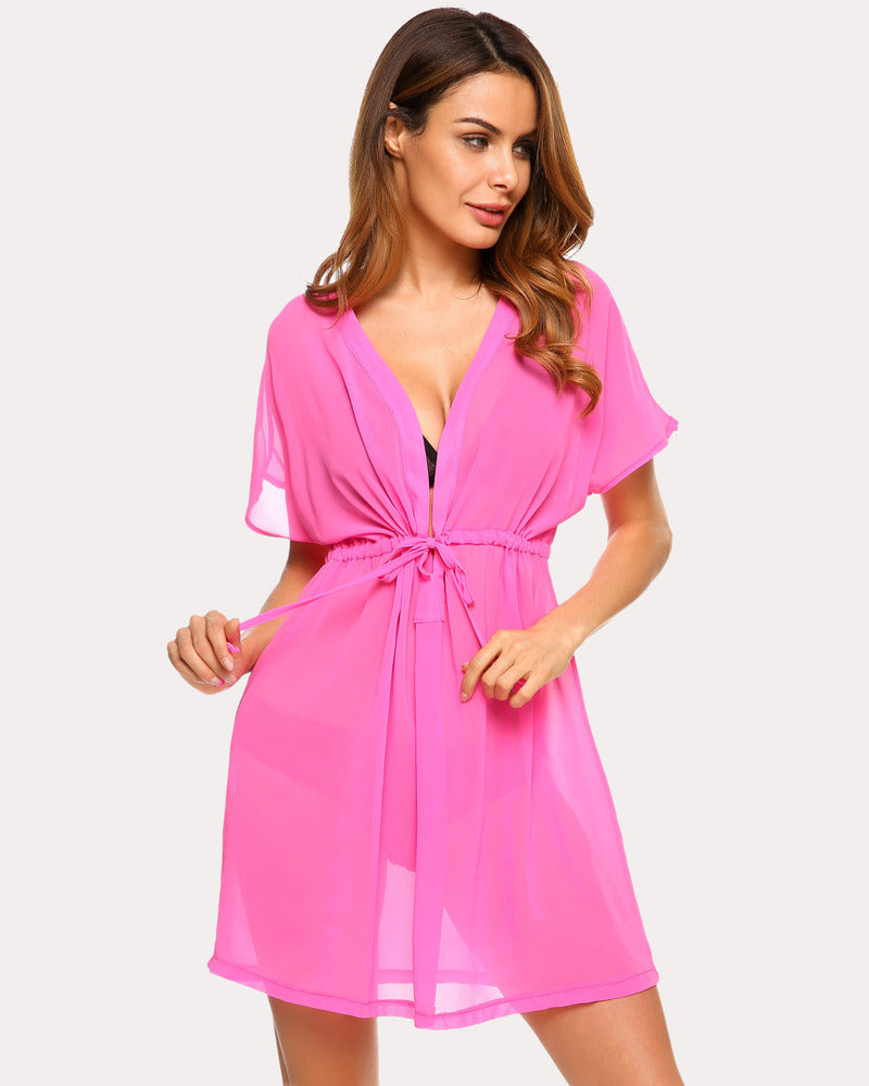 Pink chiffon kimono coverup with deep V-neck and tied waist, short flutter sleeves