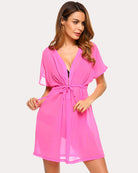 Pink sheer chiffon swimsuit with V-neck and tie waist, short flutter sleeves