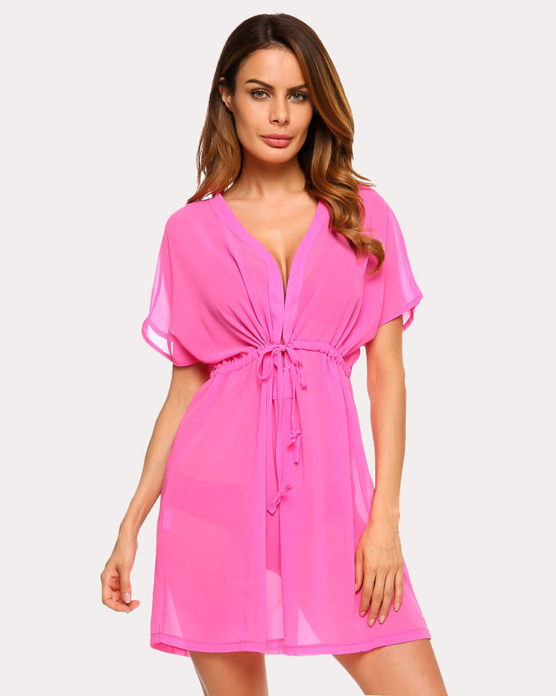 Bright pink sheer chiffon swimsuit with V-neck and tie waist, short flutter sleeves