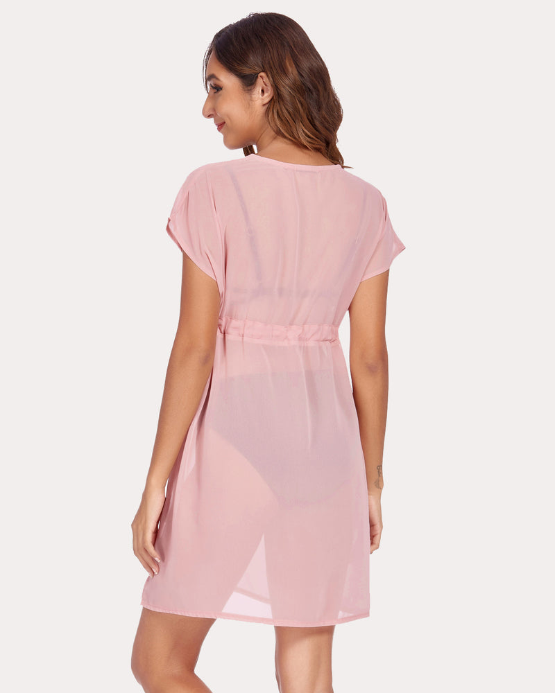 Light pink sheer chiffon swimsuit with tie waist, short flutter sleeves (back view)