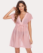 Sheer chiffon swimsuit cover-up, pink V-neck with tie waist and short sleeves