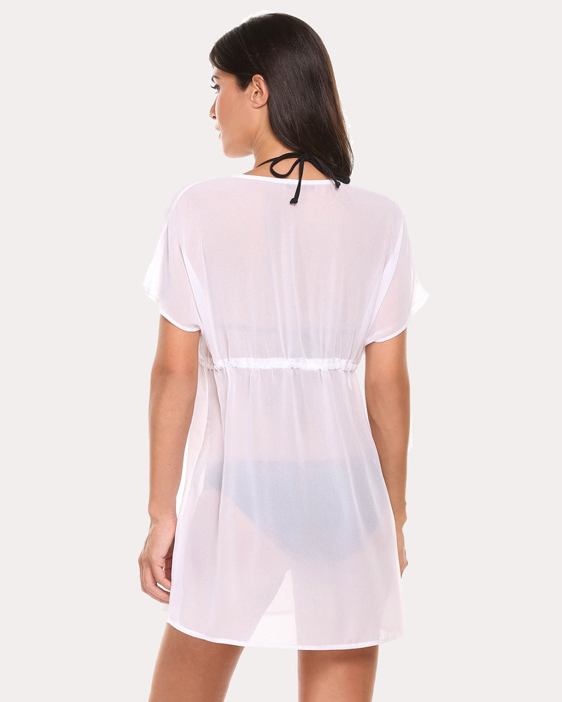 White chiffon kimono coverup, back view with keyhole tie neck and tie waist