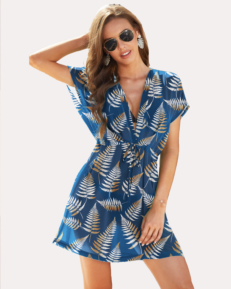 Navy blue leaf print beach coverup, V-neck, tie waist, short flutter sleeves
