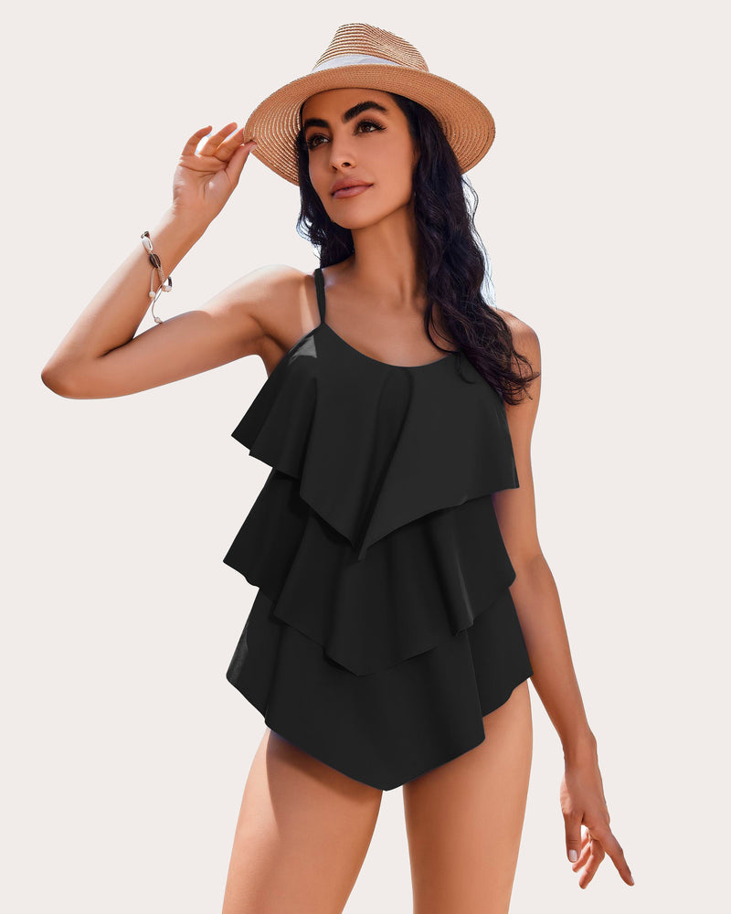 Black ruffle layered two-piece swimsuit with tiered flutter top and thin straps