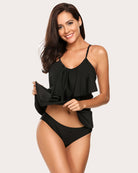 Black ruffle layered two-piece swimsuit with flutter ruffles and high-rise bottoms
