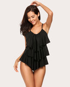 Black ruffle layered two-piece swimsuit with V-neck and tiered flutter top