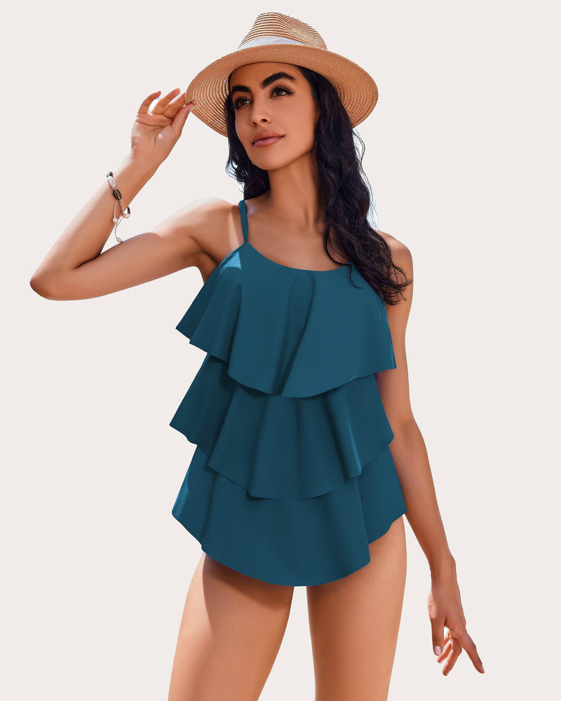 Teal ruffle layered two-piece swimsuit with tiered flutter top and thin straps