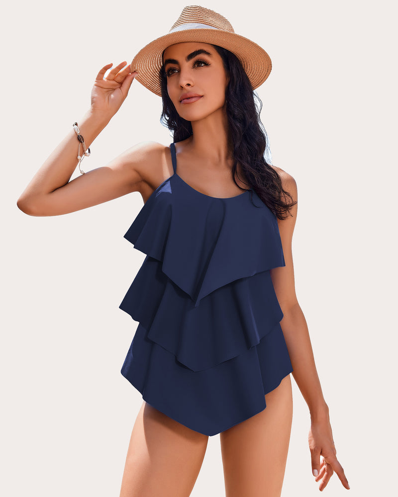 Navy ruffle layered two-piece swimsuit with tiered ruffles and bikini bottom
