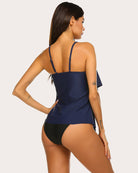 Navy ruffle layered two-piece swimsuit back view with thin straps and bikini bottom