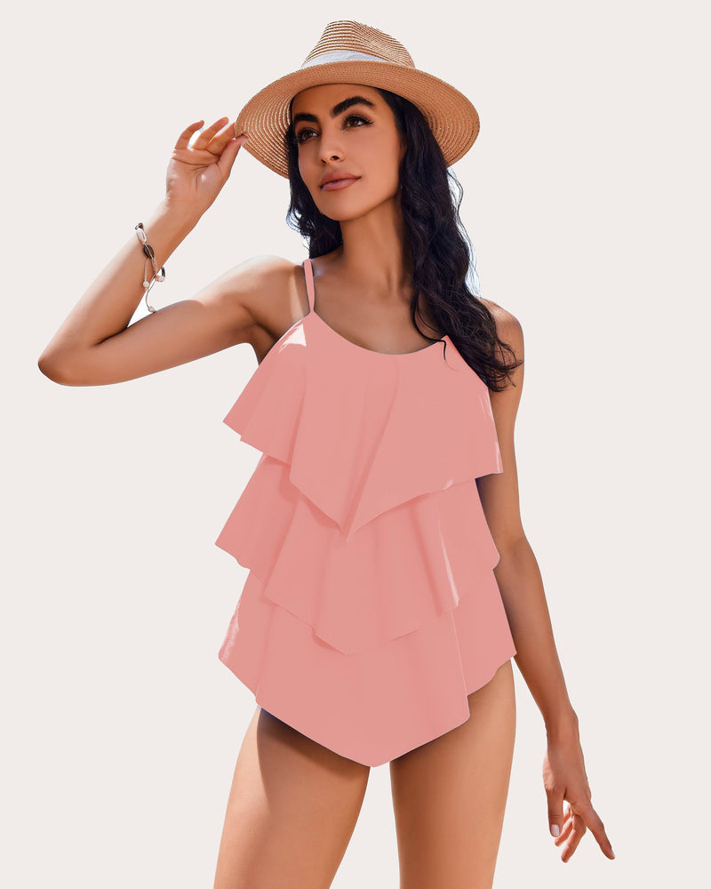 Blush pink ruffle layered two-piece swimsuit with tiered ruffles and bikini bottom