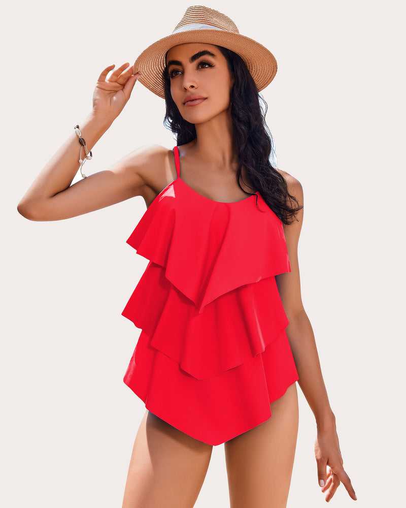 Red ruffle layered two-piece swimsuit with tiered ruffles and bikini bottom