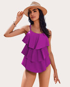 Purple layered ruffle two-piece swimsuit with sleeveless straps and tiered skirt