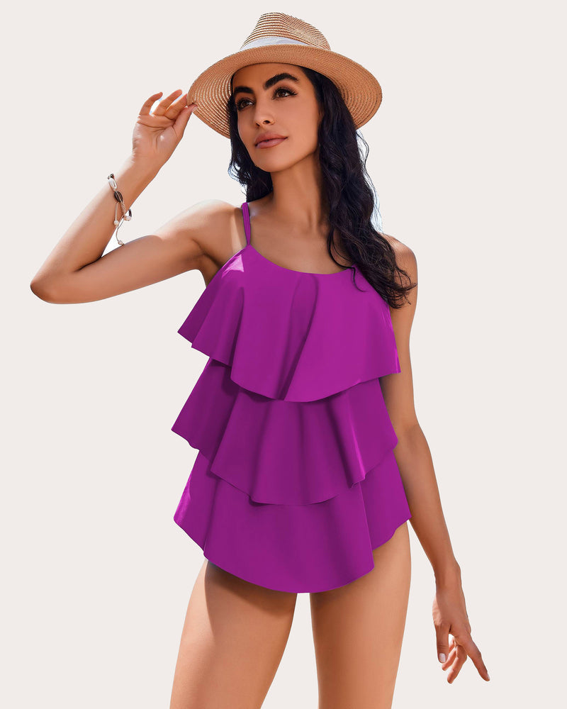 Purple layered ruffle two-piece swimsuit with sleeveless straps and tiered skirt
