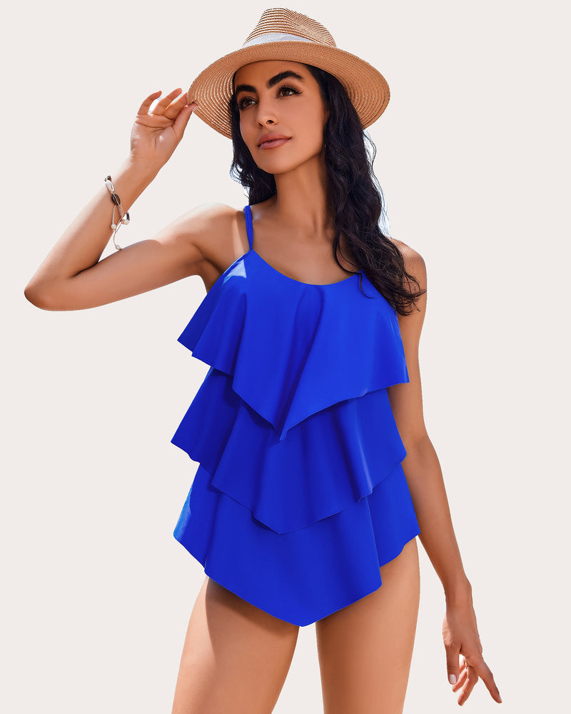 Blue ruffle layered two-piece swimsuit with tiered flutter top and thin straps