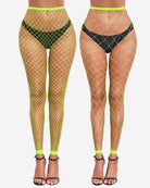 Neon green fishnet high-waist footless tights, diamond lattice, V gusset