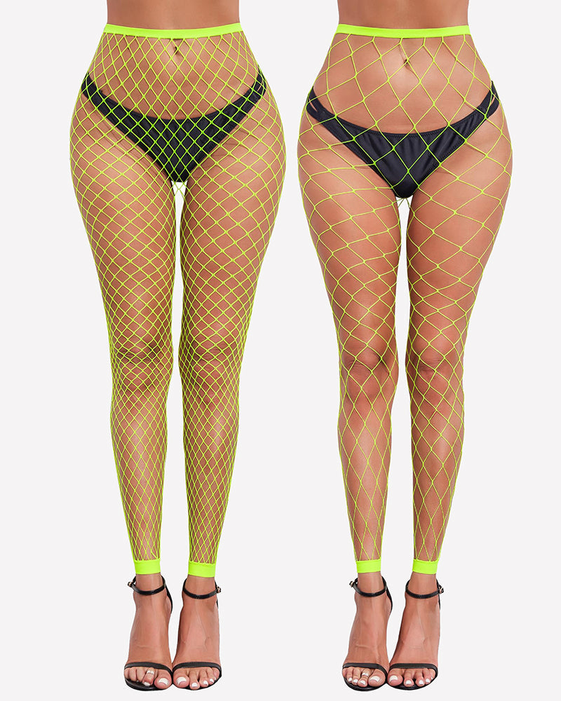 Neon green fishnet high-waist footless tights, diamond lattice, V gusset