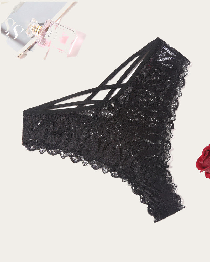 Black lace cheeky panties with criss-cross waist straps and scalloped lace hem