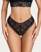 Black lace cheecky panties with scalloped edges and crisscross front tie