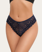 Dark blue lace cheecky panties with scalloped edges and small center button