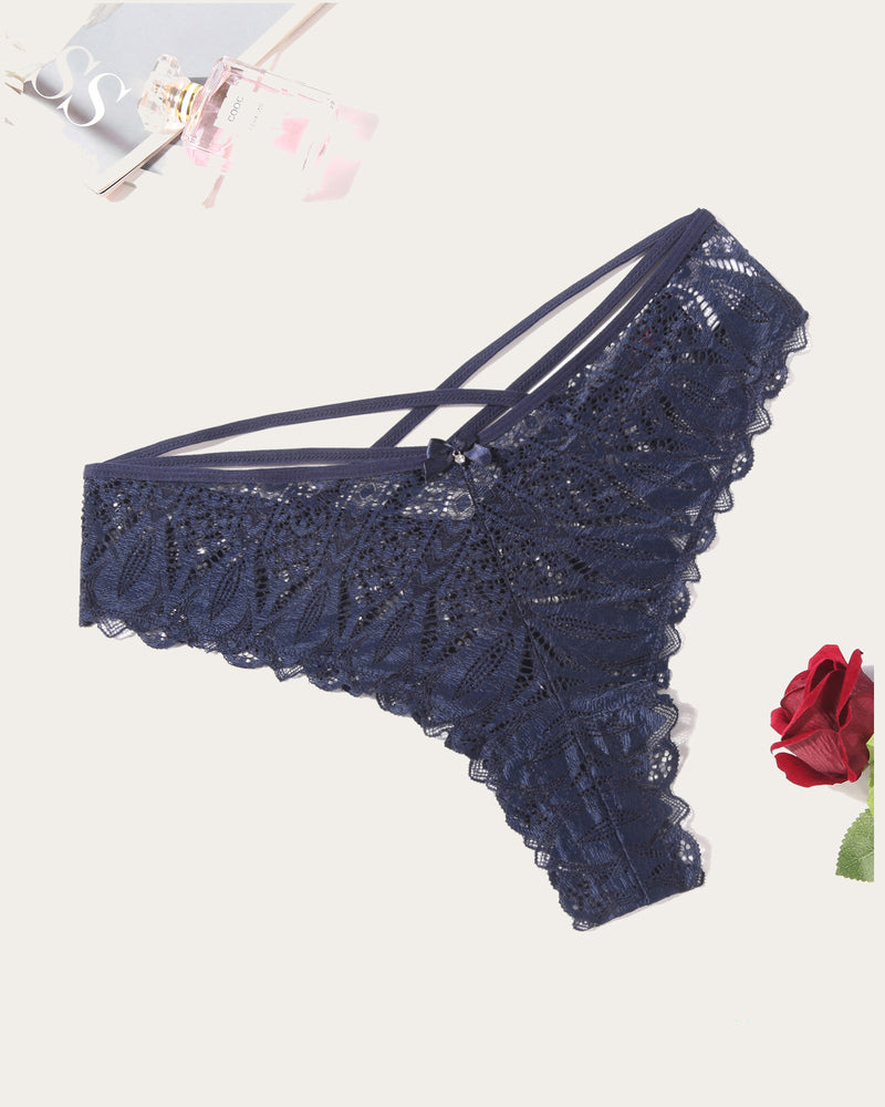 Dark blue lace thong with crisscross strap detail and scalloped edges