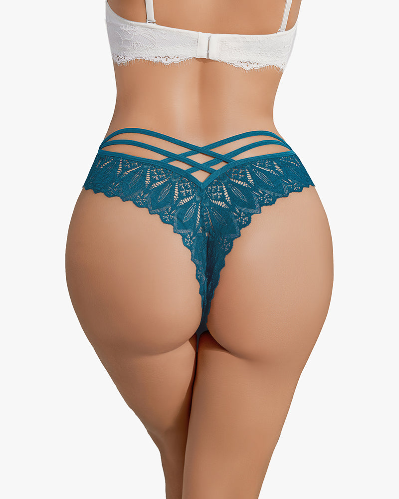 Lace cheeky panties in teal with crisscross strap detail and scalloped lace hem