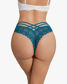 Lace cheeky panties in teal with crisscross strap detail and scalloped lace hem