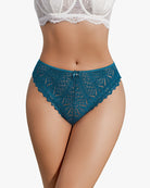 Lace cheeky panties in teal with leaf-pattern lace and small center bow