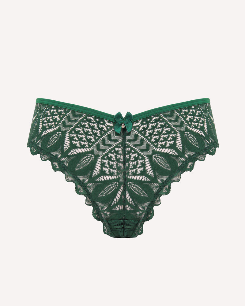 Dark green lace thong with scalloped edges and small center bow at waistband