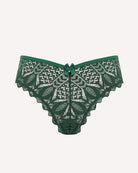 Dark green lace thong with scalloped edges and small center bow at waistband