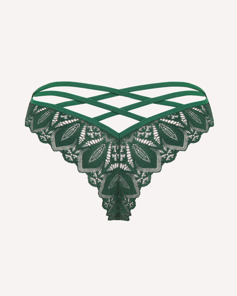 Dark green lace thong with criss-cross straps at the back and scalloped hem