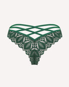 Dark green lace thong with criss-cross straps at the back and scalloped hem