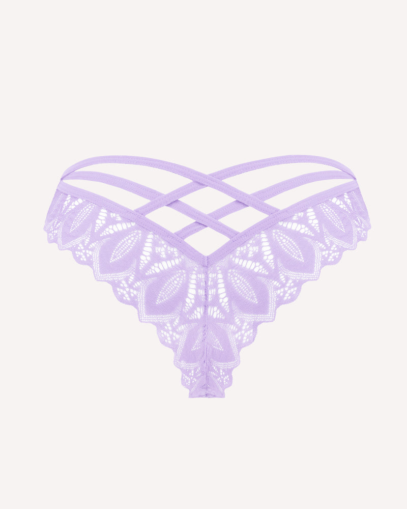 Purple lace cheeky panties with crisscross straps across the back
