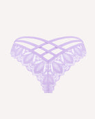 Purple lace cheeky panties with crisscross straps across the back