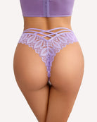 Purple lace cheeky panties with crisscross straps and scalloped trim