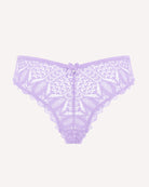 Purple lace cheeky panties with scalloped edges and center bow