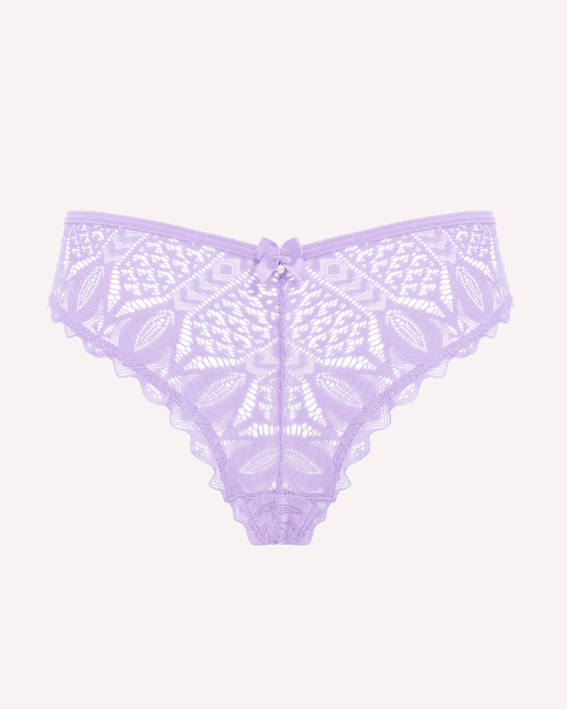 Purple lace cheeky panties with scalloped edges and center bow