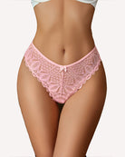 Pink lace cheeky panties with scalloped edges and center bow