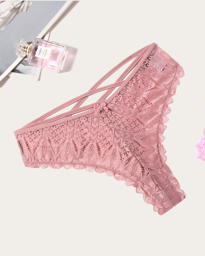 Pink lace thong panties with crisscross strap detail and scalloped edges